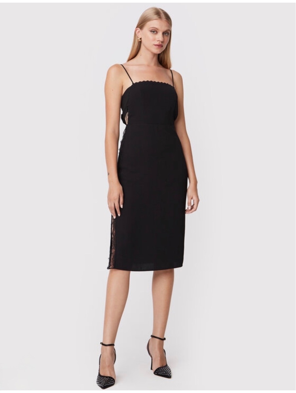 PINKO Adonella Crepe Fluid Midi Dress Black Lace Slit Tie Back US 4